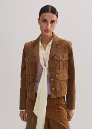 me and em Velvet Military Crop Jacket in Caramel – luxe brown utility jackets