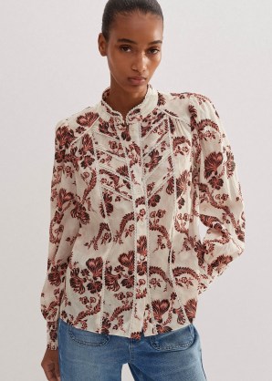 ME and EM Cotton Midnight Floral Print Blouse in Light Cream/Black/Peach – feminine cream printed blouses