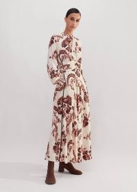 ME and EM Midnight Floral Print Maxi Dress in Light Cream/Black/Peach – long length fluid fabric dresses – feminine clothing autumn / winter 2024 – women’s luxury fashion