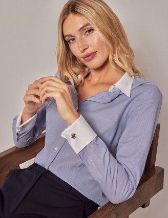 HAWES and CURTIS Executive White & Blue Fine Stripe Fitted Shirt with White Collar and Cuffs – women’s striped shirts – women’s smart office work clothing – corporate workwear