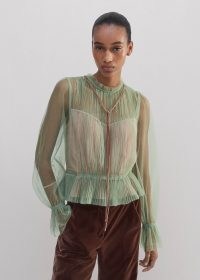 me and em Tulle Top + Tie in Pistachio / Pink – green semi sheer frill neck tops