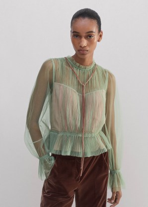 me and em Tulle Top + Tie in Pistachio / Pink – green semi sheer frill neck tops