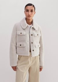 ME and EM Shearling Military Crop Jacket in Natural – women’s luxe boxy fit jackets – womens plush winter outerwear – luxury clothing