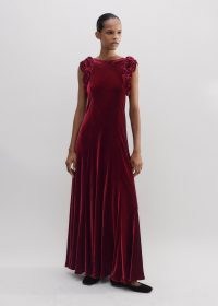 me and em Silk-Blend Velvet Maxi Dress in Intense Red – luxe sleeveless ruched shoulder evening dresses – women’s luxury occasion clothing – plush fashion