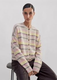 me and em Brushed Cashmere Crew Neck Stripe Cardigan in Oatmeal/Lemon/Pink/Grey – luxe striped pastel cardigans – women’s luxury knitwear