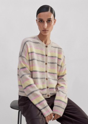 me and em Brushed Cashmere Crew Neck Stripe Cardigan in Oatmeal/Lemon/Pink/Grey – luxe striped pastel cardigans – women’s luxury knitwear