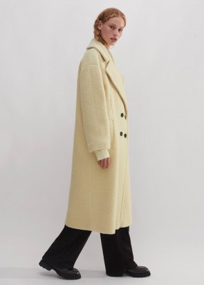 me and em Wool-Blend Bouclé Coat in Winter Citrus – women’s pale yellow relaxed fit longline winter coats – luxe clothing