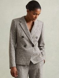 REISS Belle Wool and Cotton-Blend Tweed Suit Jacket in Grey ~ women’s tailored double breasted jackets