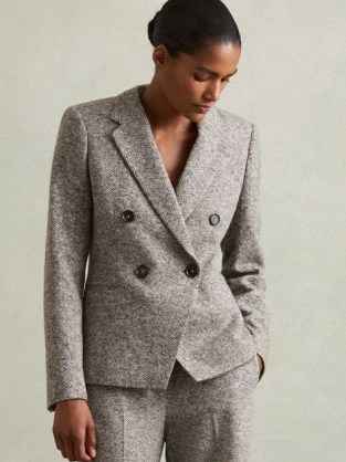 REISS Belle Wool and Cotton-Blend Tweed Suit Jacket in Grey ~ women’s tailored double breasted jackets