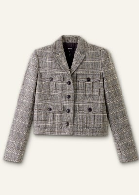 ME AND EM Wool-Blend Check Short Jacket in Brown/Cream/Black / women’s smart cropped jackets / checked miitary style clothing