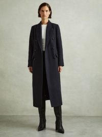 REISS Florence Wool-Blend Twill Double-Breasted Coat in Navy – women’s dark blue longline winter coats