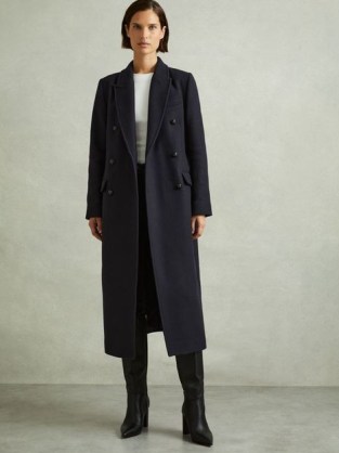 REISS Florence Wool-Blend Twill Double-Breasted Coat in Navy – women’s dark blue longline winter coats