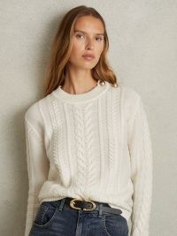 Reiss Libby Wool-Cashmere Cable Knit Jumper in Cream | women’s button detail jumpers