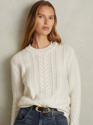 Reiss Libby Wool-Cashmere Cable Knit Jumper in Cream | women’s button detail jumpers