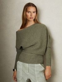 Reiss Nelly Wool-Cashmere Off-The-Shoulder Draped Top in Sage | green chunky asymmetric jumper | chic knitted tips