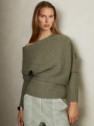 Reiss Nelly Wool-Cashmere Off-The-Shoulder Draped Top in Sage | green chunky asymmetric jumper | chic knitted tips