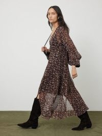 JIGSAW Abstract Leopard Midi Dress in Brown ~ semi sheer animal print under slip dresses ~ feminine crinkle georgette clothes