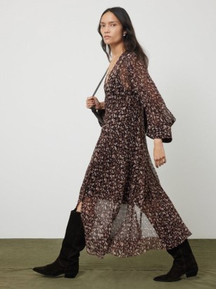 JIGSAW Abstract Leopard Midi Dress in Brown ~ semi sheer animal print under slip dresses ~ feminine crinkle georgette clothes