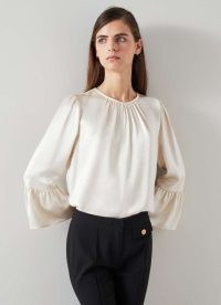 L.K. BENNETT Agnes Birch Satin Top With Frill Cuff ~ luxe silky off white wide sleeve tops