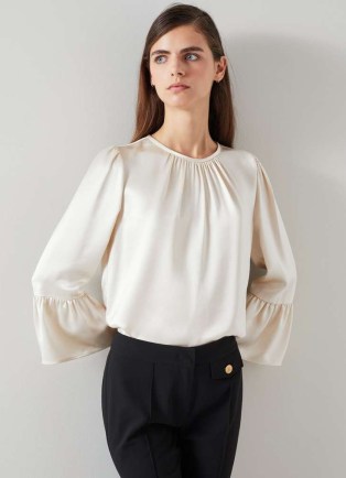 L.K. BENNETT Agnes Birch Satin Top With Frill Cuff ~ luxe silky off white wide sleeve tops