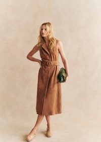 Sezane Antona Dress in Camel ~ sleeveless belted brown suede midi dresses