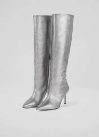 L.K. BENNETT Astrid Pewter Pointed Semi Fitted Boot ~ luxury metallic leather stiletto heel knee high boots