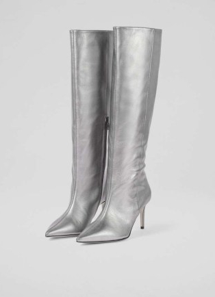 L.K. BENNETT Astrid Pewter Pointed Semi Fitted Boot ~ luxury metallic leather stiletto heel knee high boots