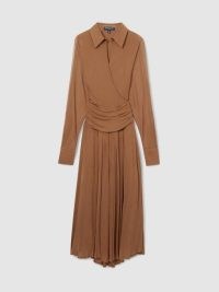 REISS Atelier Saffron Gathered-Georgette Maxi Dress Tan ~ chic light brown collared dresses ~ sophisticated ruched and pleat detail clothing