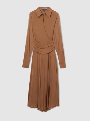 REISS Atelier Saffron Gathered-Georgette Maxi Dress Tan ~ chic light brown collared dresses ~ sophisticated ruched and pleat detail clothing