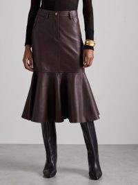 REISS Luella Atelier Leather Fluted Midi Skirt Burgundy ~ women’s luxe dark red fit and flared hem skirts