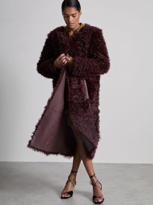 Reiss Dianna Atelier Shearling Convertible Coat in Burgundy | glamorous dark red textured winter coats