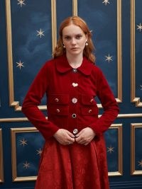 sister jane Before Midnight Ballad Velvet Jacket in Opera Red ~ embellished button Peter Pan collar jackets