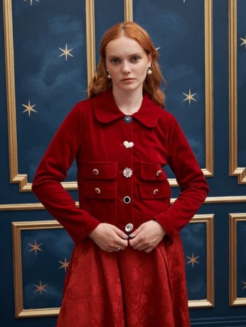 sister jane Before Midnight Ballad Velvet Jacket in Opera Red ~ embellished button Peter Pan collar jackets