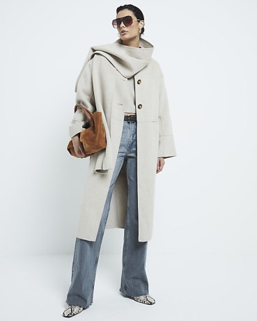 River Island Beige Premium Wool Blend Scarf Coat | women’s longline luxe style winter coats