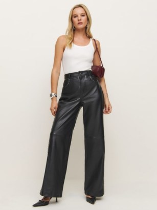 Reformation Veda Kennedy Studded Black Leather Pant – women’s luxe stud embellished trousers