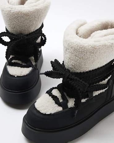 RIVER ISLAND Black Borg Ski Boots ~ womens chunky fluffy faux fur winter boots