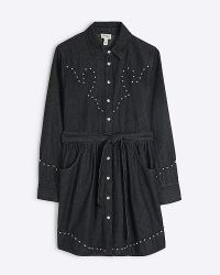 River Island Black Denim Studded Mini Shirt Dress | collared tie waist stud embellished dresses | cotton fashion