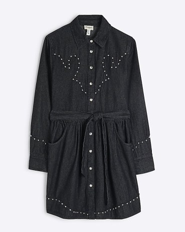 River Island Black Denim Studded Mini Shirt Dress | collared tie waist stud embellished dresses | cotton fashion