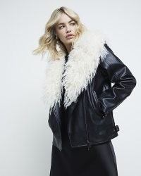 RIVER ISLAND Black Faux Fur Collar Biker Jacket ~ women’s shaggy collared jackets