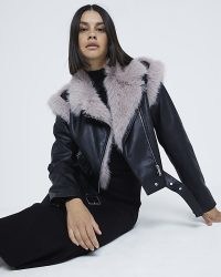 RIVER ISLAND Black Faux Fur Faux Leather Biker Jacket ~ women’s cropped fake fur timmed jackets ~ zip and buckle details