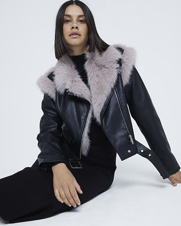 RIVER ISLAND Black Faux Fur Faux Leather Biker Jacket ~ women’s cropped fake fur timmed jackets ~ zip and buckle details