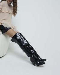 RIVER ISLAND Black Faux Leather Thigh High Heeled Boot ~ women’s long length over the knee boots