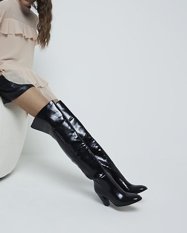 RIVER ISLAND Black Faux Leather Thigh High Heeled Boot ~ women’s long length over the knee boots