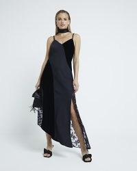 RIVER ISLAND Black Satin And Lace Slip Dress ~ strappy semi sheer panel evening dresses with asymmetric hemline