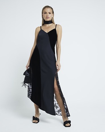 RIVER ISLAND Black Satin And Lace Slip Dress ~ strappy semi sheer panel evening dresses with asymmetric hemline