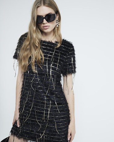 RIVER ISLAND Black Sequin Fringe Column Dress ~ sequinned LBD