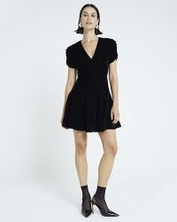 River Island Black velvet v-neck mini dress ~ short sleeve fit and flare dresses