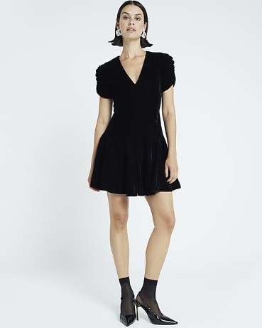 River Island Black velvet v-neck mini dress ~ short sleeve fit and flare dresses