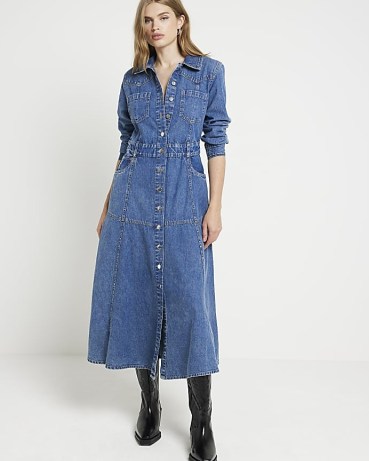 River Island Blue denim midi shirt dress | long sleeve collared dresses