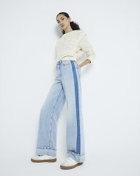 River Island Blue Denim Relaxed Straight Leg Jeans | women’s tonal side striped jean